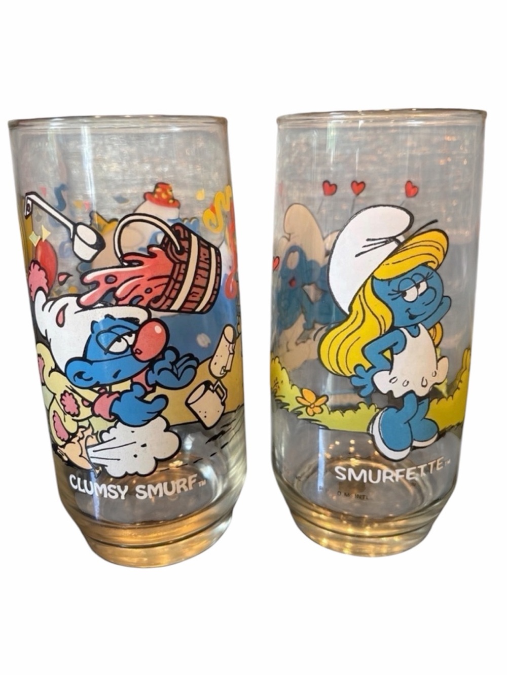 The Smurfs Vintage Drinking Glasses Smurfette Clumsy Smurf Vintage 1980 Cartoon